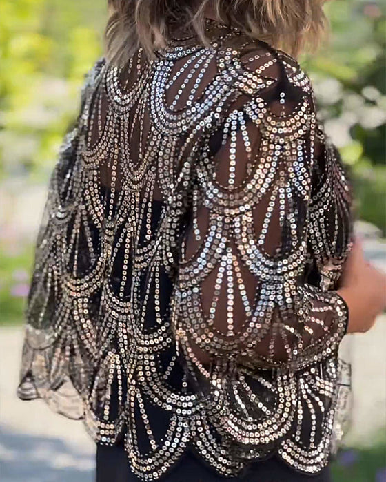 Elegancka marynarka z cekinami i falowanymi brzegami