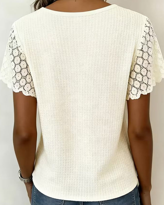T-Shirt Dekolt W Wafel Koronka Patchwork Jednolity