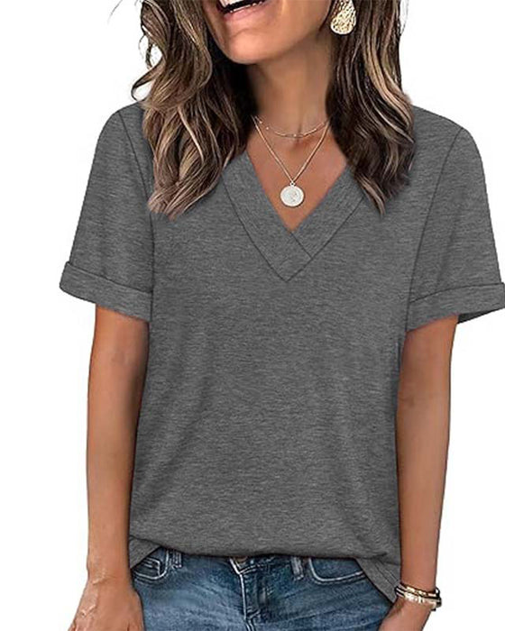 T-Shirt Jednokolorowy Dekolt W Kształcie Litery V Casual Krótki Rękaw