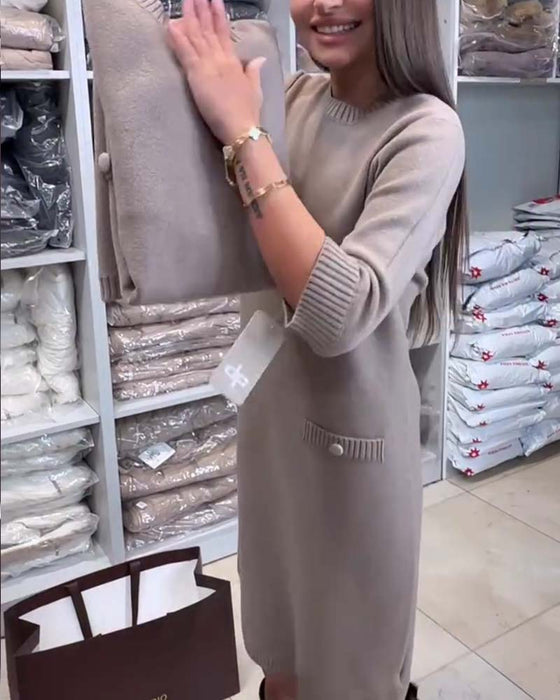 Sweter Sukienka Okrągły Dekolt Długość Do Łokcia Rękaw