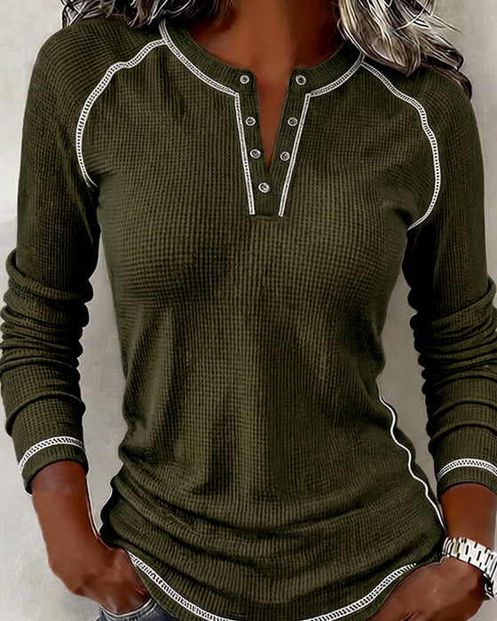 Top Wafel Henley Długi Rękaw