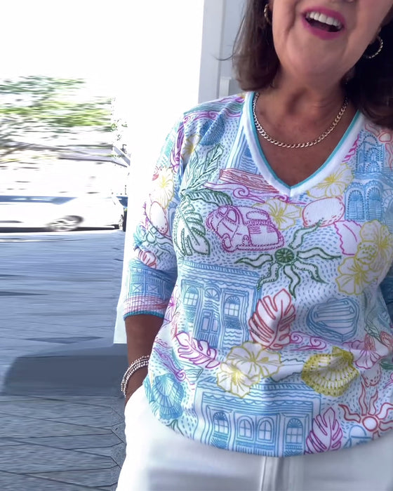 Sweter Z Dekoltem W Serek Z Nadrukiem Modny