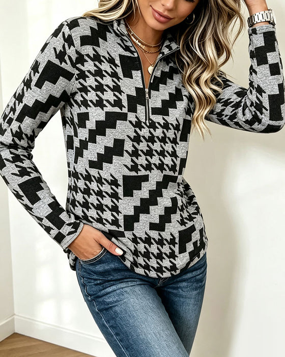 Top Pepitka Half-Zip Stójka Długi Rękaw