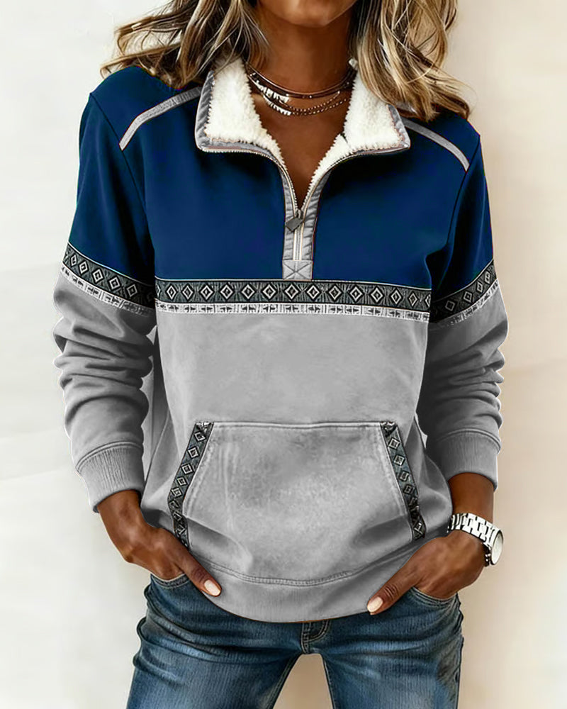 Bluza Retro Z Color Blocking I Futrzanym Kołnierzem