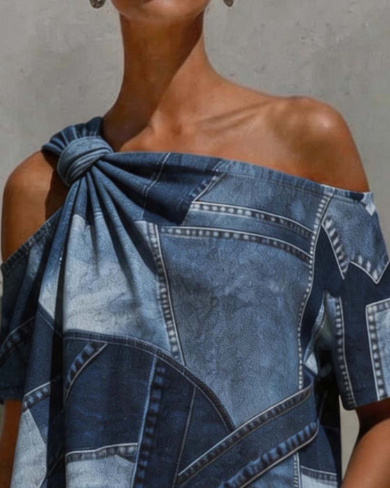 Bluzka Jedno-Ramię Twist Węzeł Patchwork