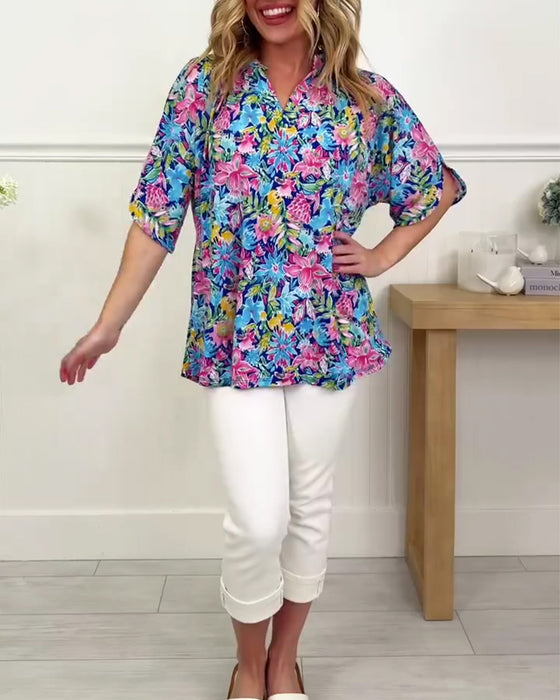 Top Tropikalny Kwiatowy Krótki Rękaw