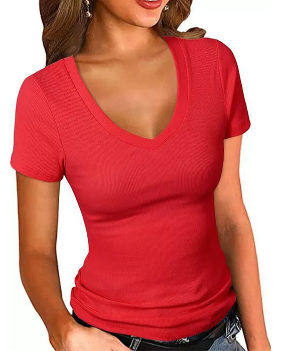 T-Shirt Żebrowany Slim Fit Dekolt W Kształcie Litery V Krótki Rękaw