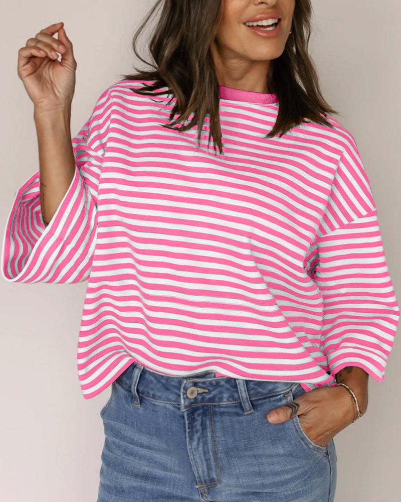 T-Shirt Okrągły Dekolt Plecy Wycięcie Kokarda W Paski