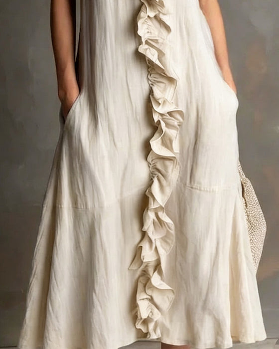 Sukienka Falbanka Dekolt W Kieszeń Bez Rękawów