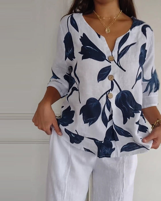 Bluza zapinana na guziki z bawełny i lnu w kwiatowy wzór
