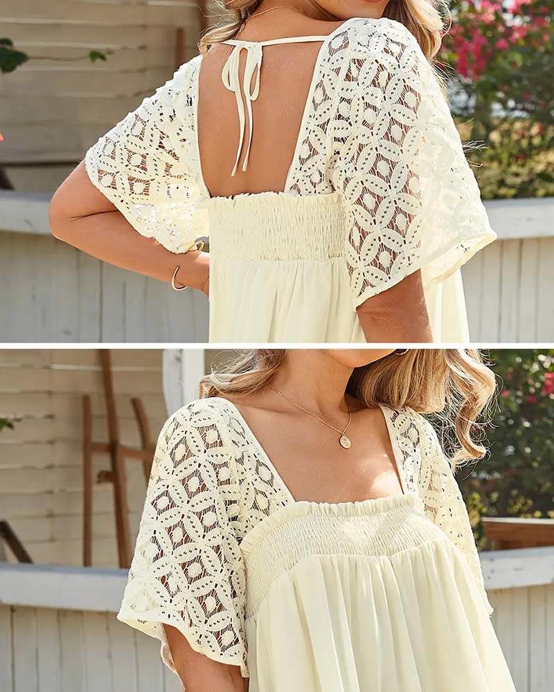 Sukienka Kwadratowa Szyja Koronka Patchwork Gładki