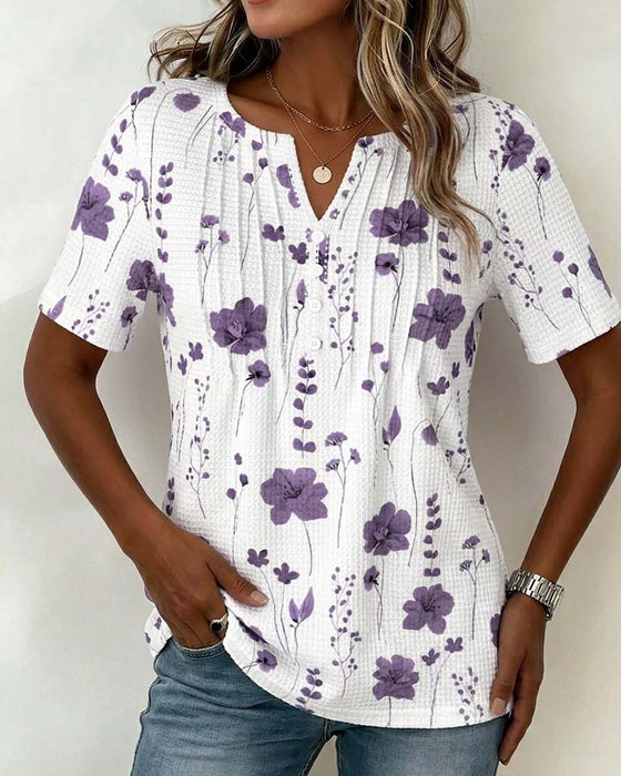T-Shirt Wafel V-Szyja Kwiatowy