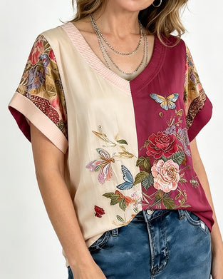 Bluzka V-Szyja Asymetryczny Patchwork Kwiatowy