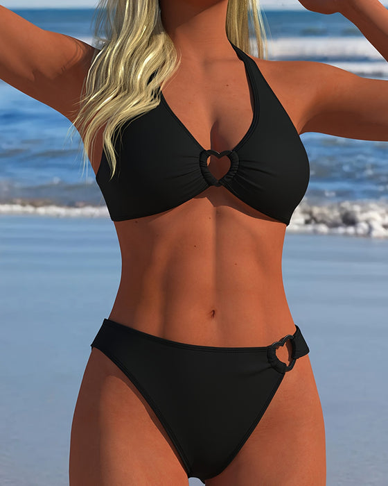 Bikini Halter Serce Klamra Jednolity Kolor