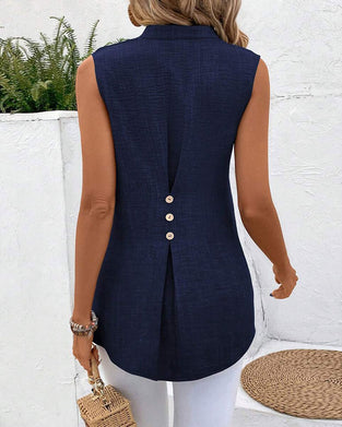 Top Kołnierz Mandarynka Tył Rozcięcie Guzik Bez Rękawów