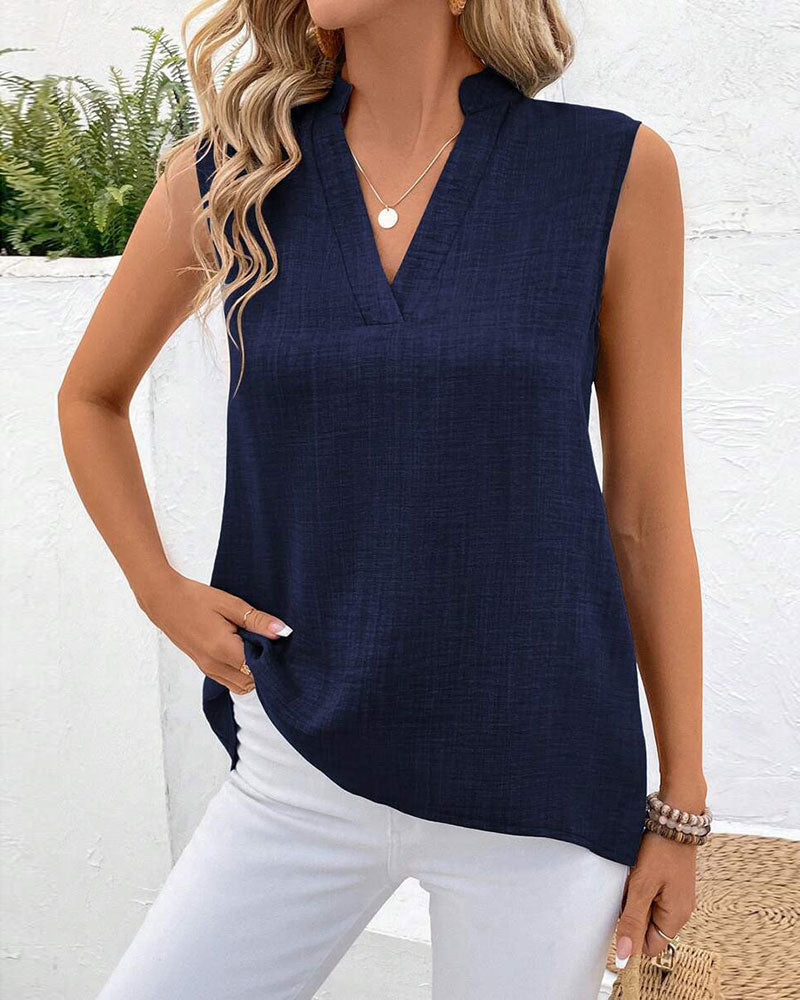 Top Kołnierz Mandarynka Tył Rozcięcie Guzik Bez Rękawów