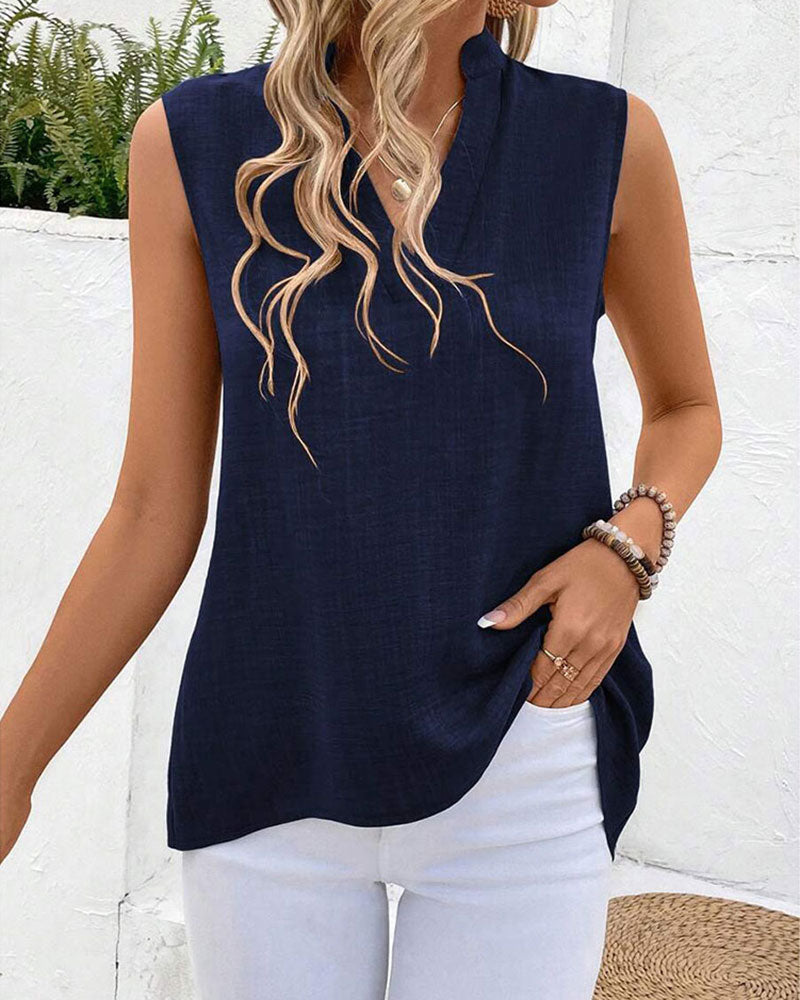 Top Kołnierz Mandarynka Tył Rozcięcie Guzik Bez Rękawów