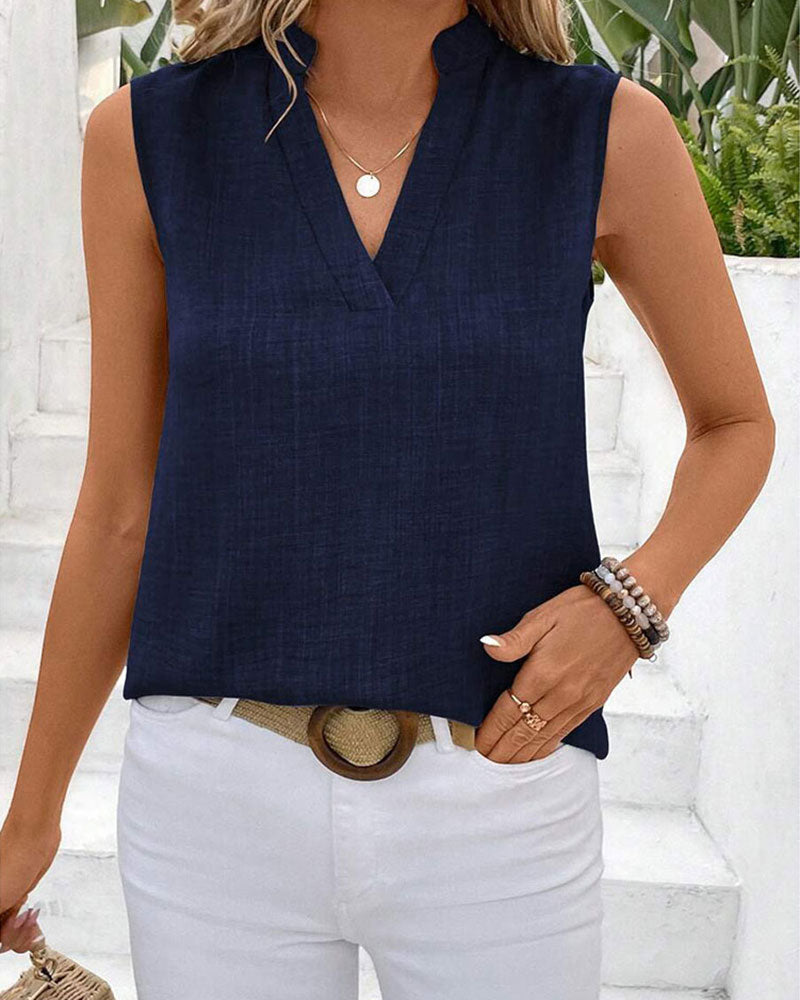 Top Kołnierz Mandarynka Tył Rozcięcie Guzik Bez Rękawów