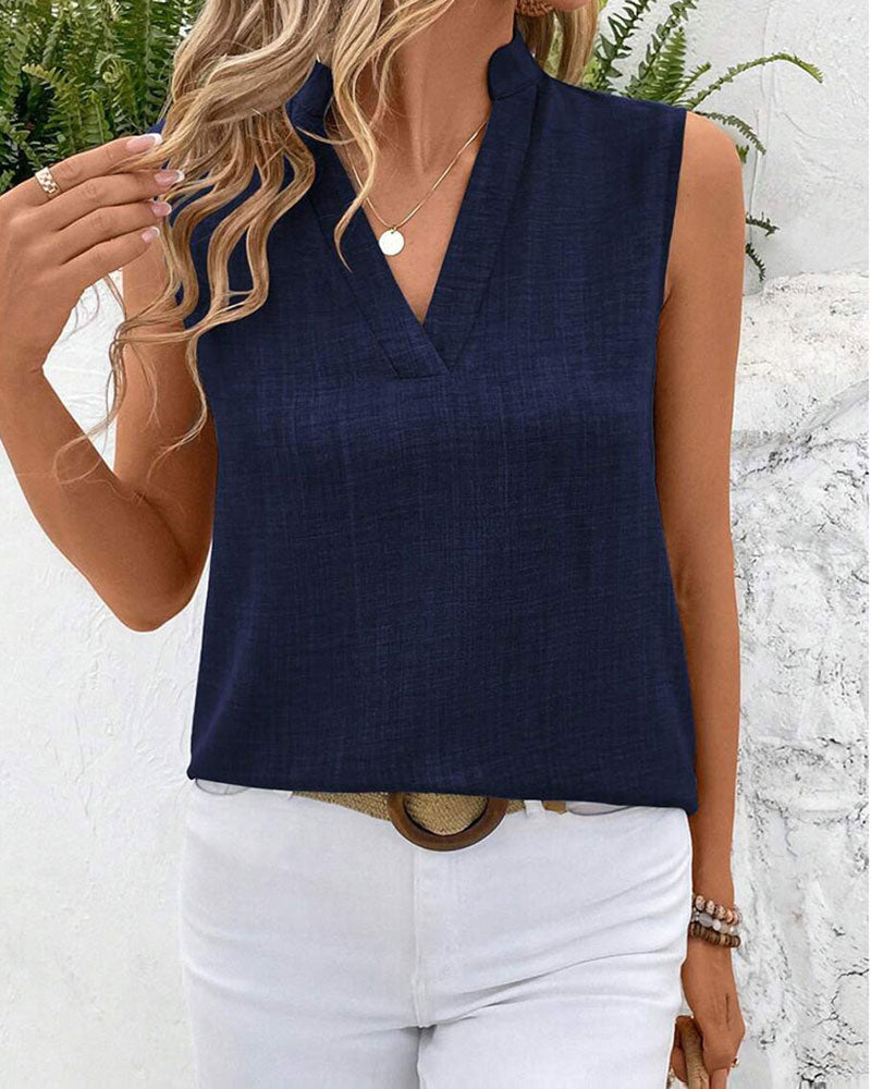 Top Kołnierz Mandarynka Tył Rozcięcie Guzik Bez Rękawów