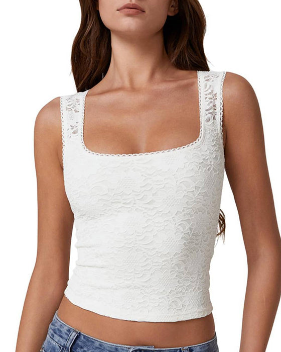 Tank Top Koronkowa Lamówka Kwadratowy Dekolt Bez Rękawów