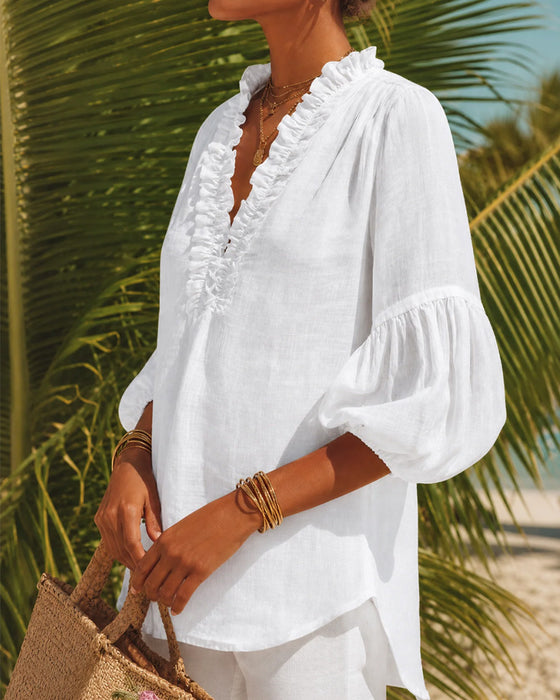 Bluzka Falbanka Brzeg Rękaw Bufiasty Dekolt W
