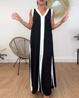 Modna sukienka bez rękawów z kontrastowym nadrukiem i dekoltem w kształcie litery V