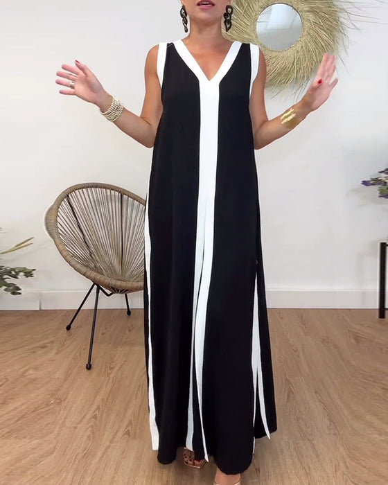 Modna sukienka bez rękawów z kontrastowym nadrukiem i dekoltem w kształcie litery V