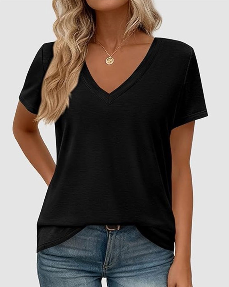 T-Shirt Pullover Dekolt V Gładki