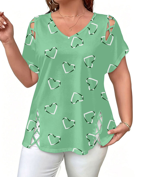 T-Shirt Wzór Serce Ażurowy Krótki Rękaw