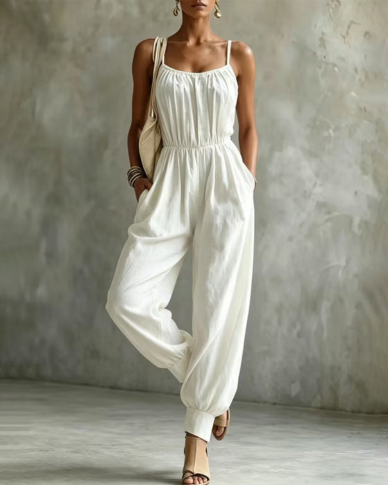 Jumpsuit Ramiączko Spaghetti Plisowany Przepasujący Szeroka Noga