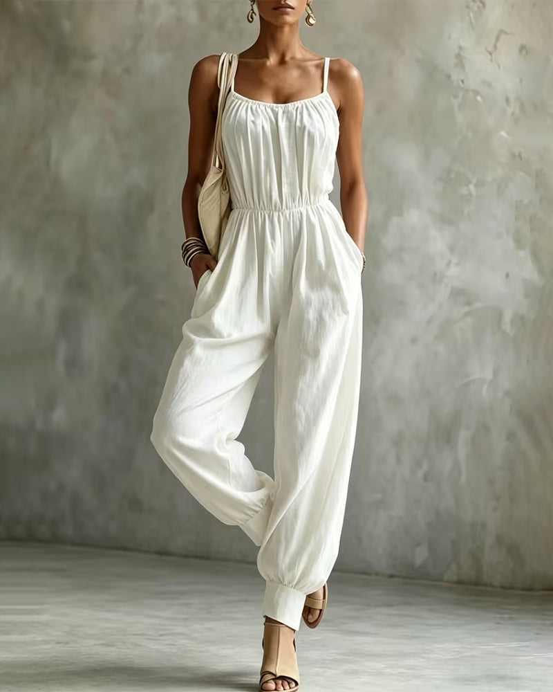 Jumpsuit Ramiączko Spaghetti Plisowany Przepasujący Szeroka Noga