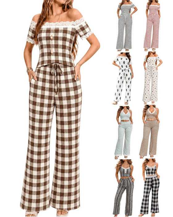 Set Off-Shoulder Koronkowa Lamówka Pasek Szeroka Noga Spodnie