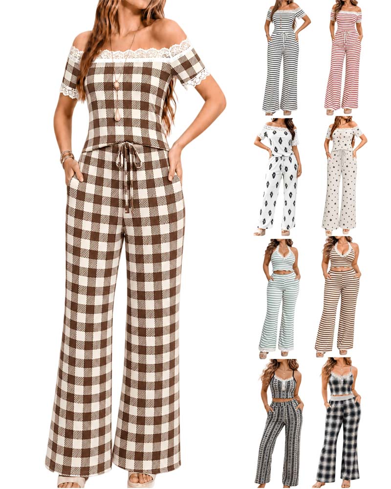Set Off-Shoulder Koronkowa Lamówka Pasek Szeroka Noga Spodnie