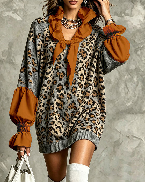 Sukienka Sweter Lampart Patchwork Swobodny
