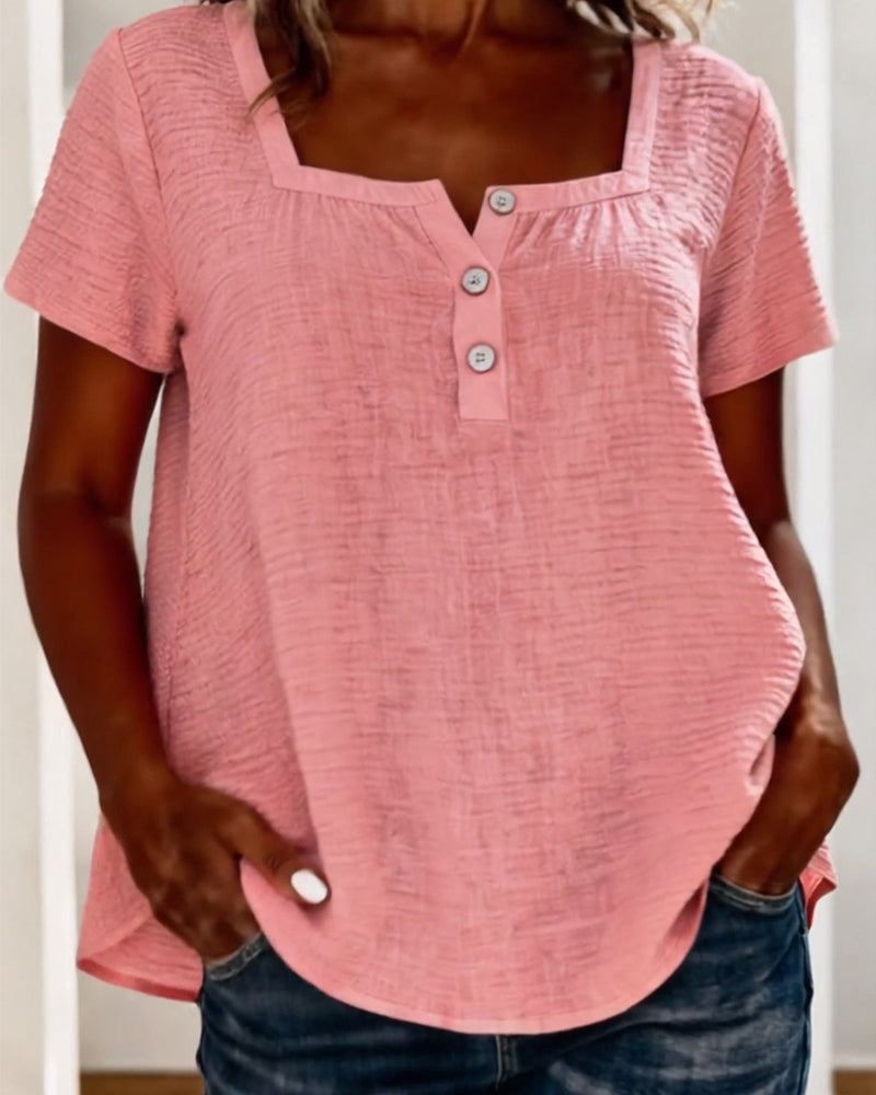 T-Shirt Teksturowany Kwadratowy Dekolt Krótki Rękaw