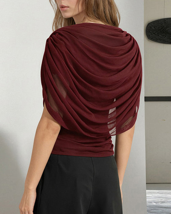 Bluzka Mesh Szal Szyja Drapowany Slim Fit