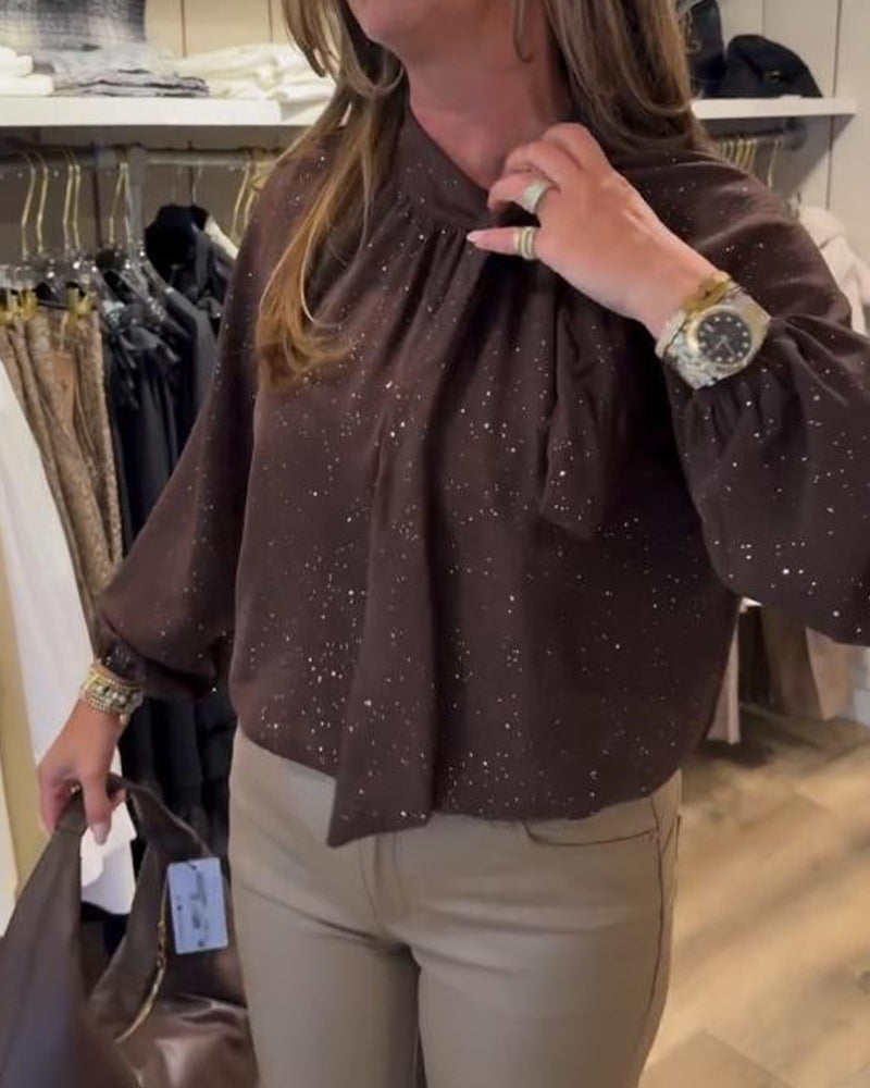 Bluzka Z Detalem wstążki, Projektem Rękawów Pufowanych, Tkaniną Prześwitującą Blaskiem I Elegancją Wibracji