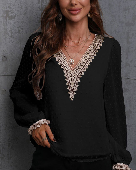 Koronkowa koszula z długim rękawem w jednolitym kolorze