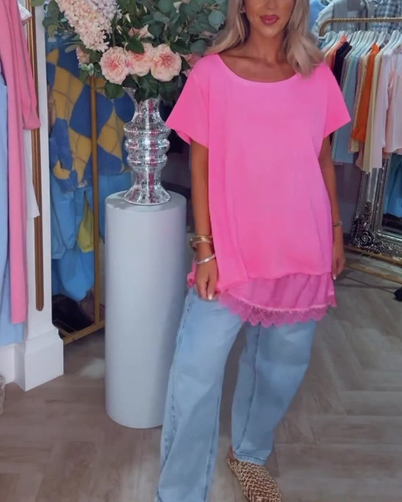 Koszulka Koronka Połączony Krótki Rękaw