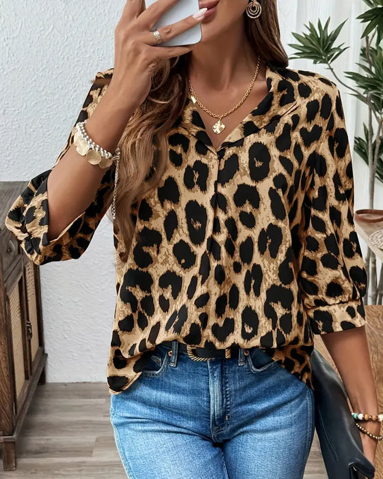 Bluzka 3/4 Rękaw Leopardzi Nadruk Luźna