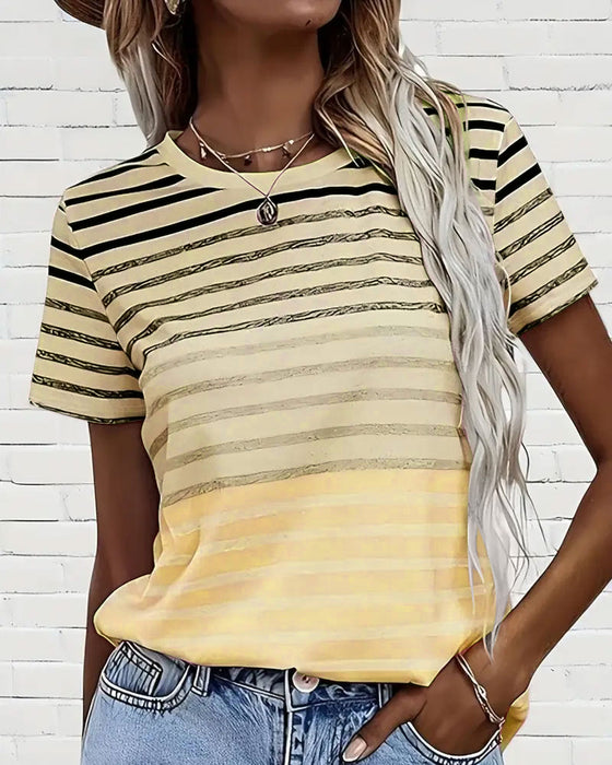 T-Shirt Okrągły Dekolt Krótki Rękaw W Paski