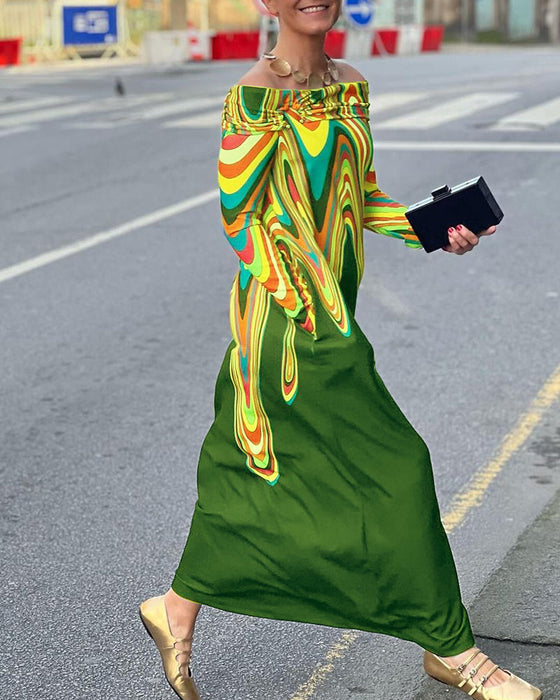 Elegancka sukienka maxi z długim rękawem i odkrytymi ramionami