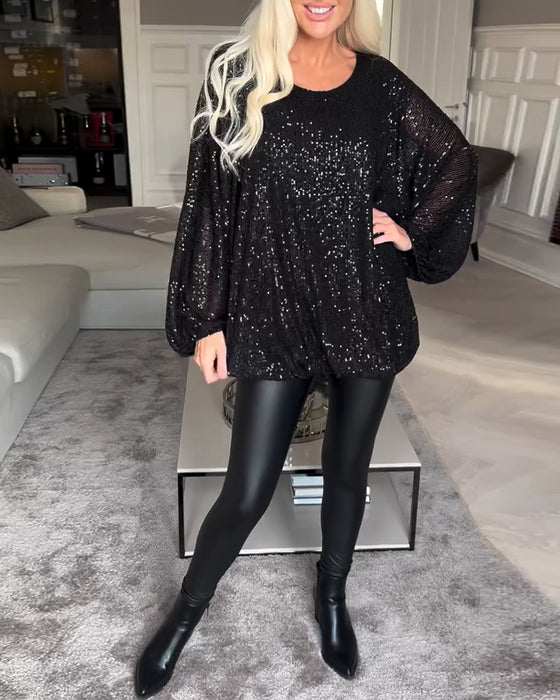 Top z cekinami i okrągłym dekoltem i rękawami typu balon