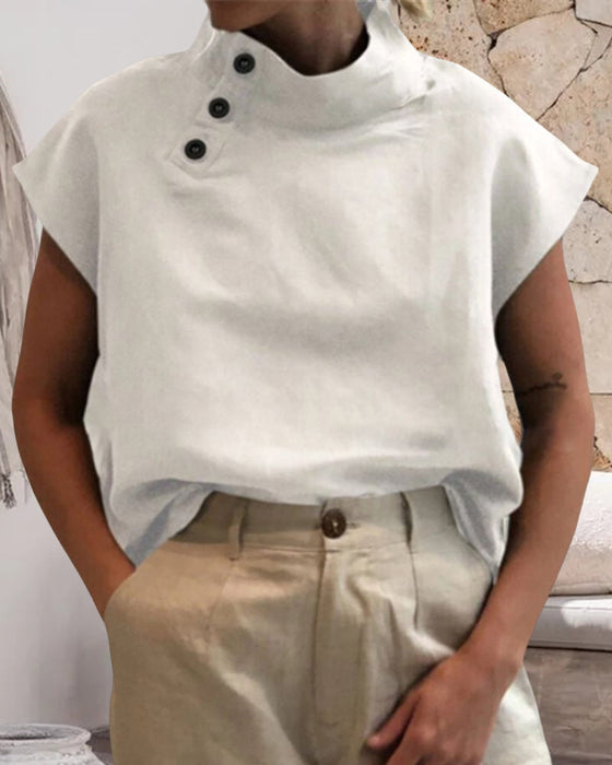 Bawełniano-lniany top ze stójką zapinany na guziki