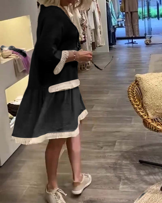 Koronkowa sukienka na co dzień z dekoltem w kształcie litery V i frędzlami