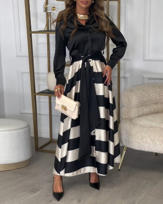 Elegancka sukienka w paski z nadrukiem