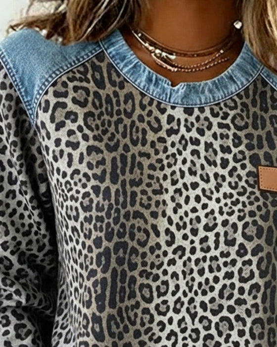 Bluza Leopardzi Print Dżins Patchwork