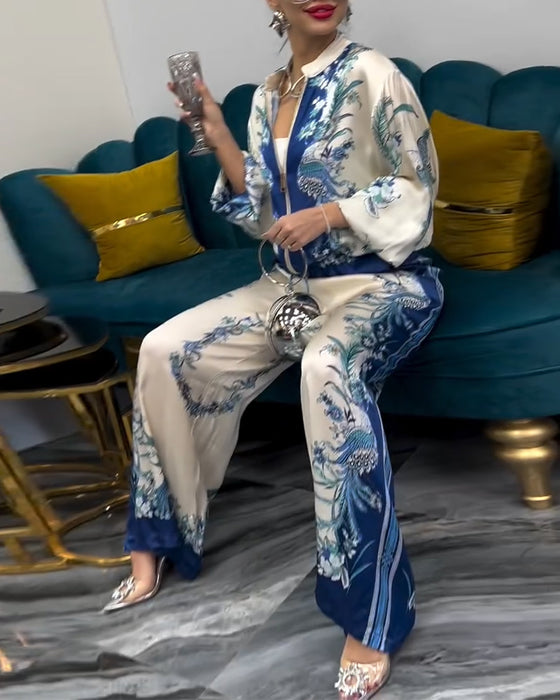 Garnitur o Szerokich Nogawkach Temperament Stójka Zamek Błyskawiczny