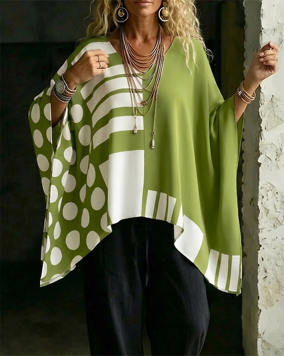 Bluzka Polka Dot Pasek Patchwork V Szyja
