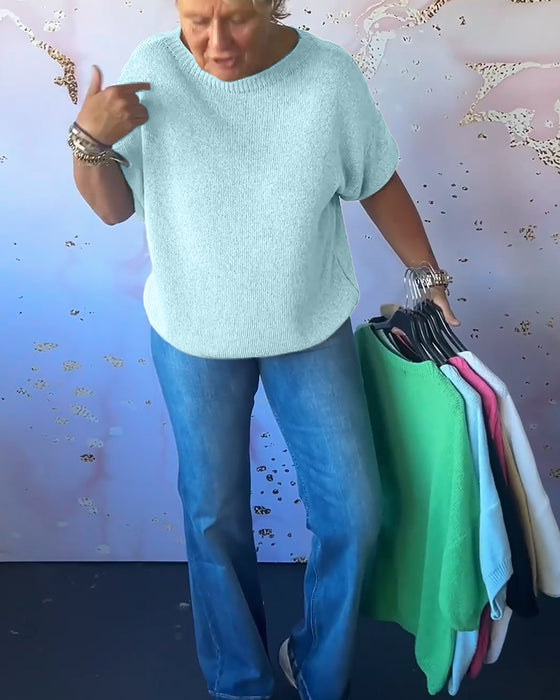 Luźny jednokolorowy swobodny sweter z okrągłym dekoltem